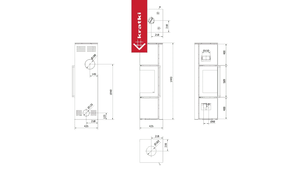 Technische tekening van Kratki Tora M houtkachel met gedetailleerde afmetingen en aansluitpunten.