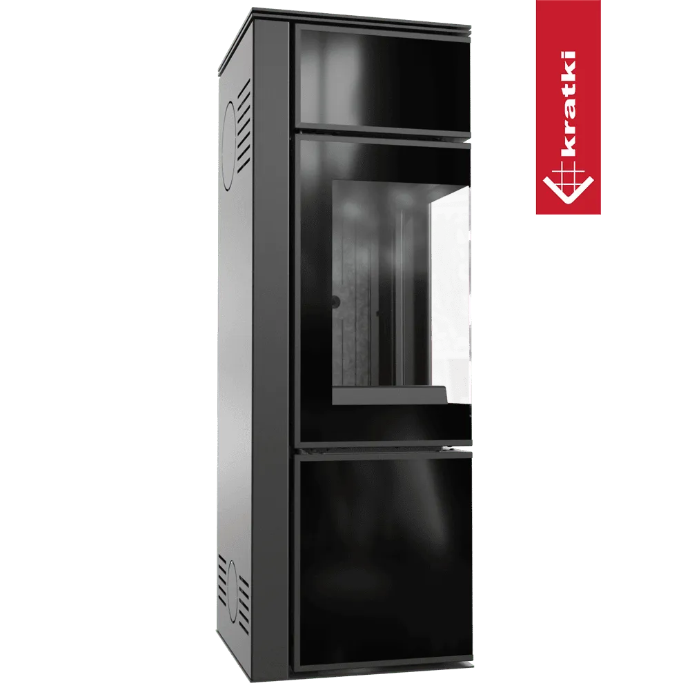 Zwarte, moderne houtkachel Kratki Tora S met glazen deur en ventilatieopeningen aan de zijkant.