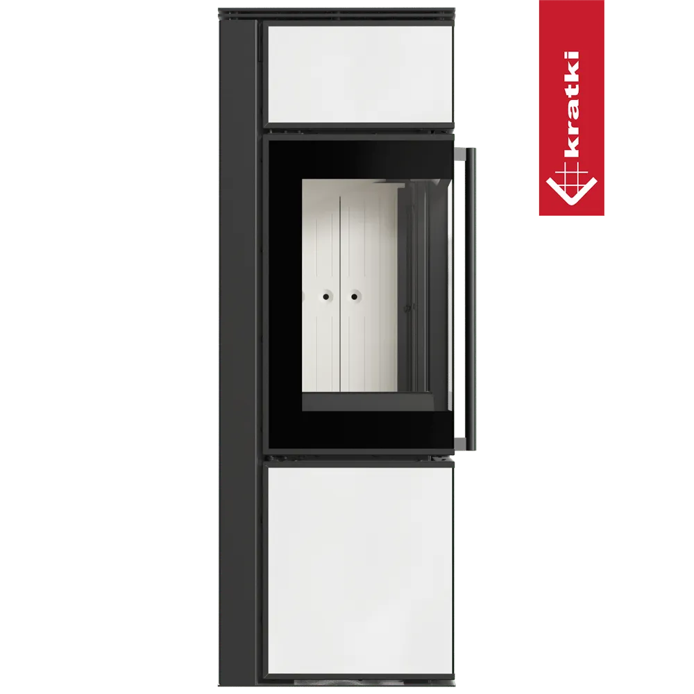Kratki Tora S houtkachel met zwart-wit design en groot glazen venster.