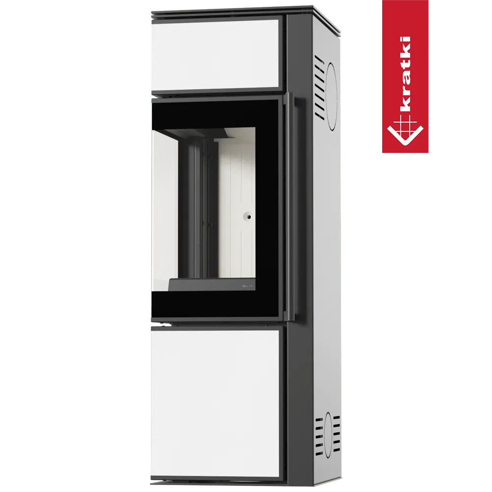 Moderne Kratki Tora S houtkachel met zwart-wit design en groot glazen venster.