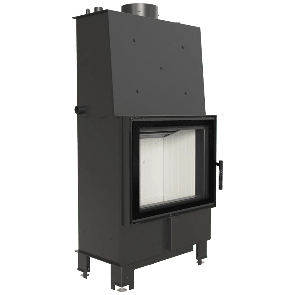 Zwarte Kratki Lucy CV 12 kW houtkachel met glazen deur en metalen behuizing.