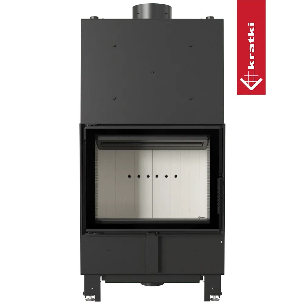Zwarte Kratki Lucy CV 12 kW houtkachel met glazen deur en witte binnenkant.