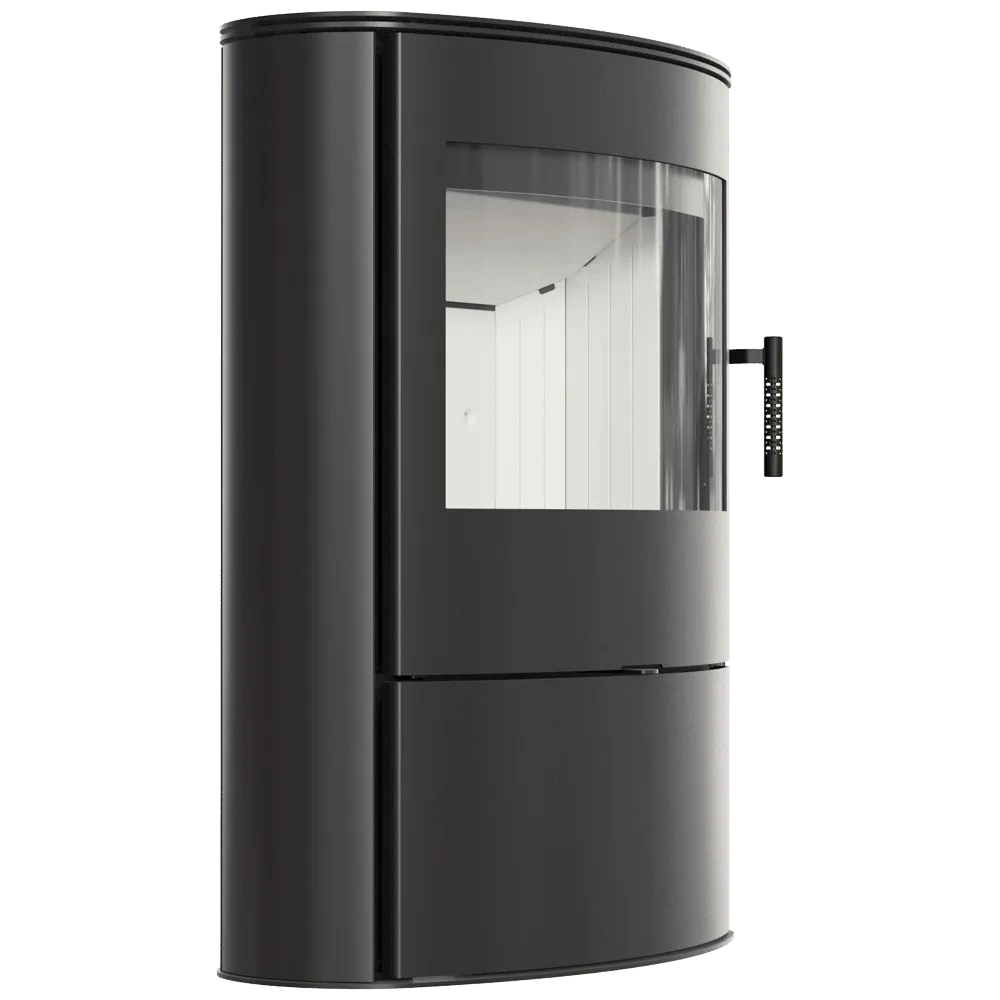 Zwarte, moderne Kratki AB ROLLO 2 houtkachel met gebogen glazen deur en metalen handvat.