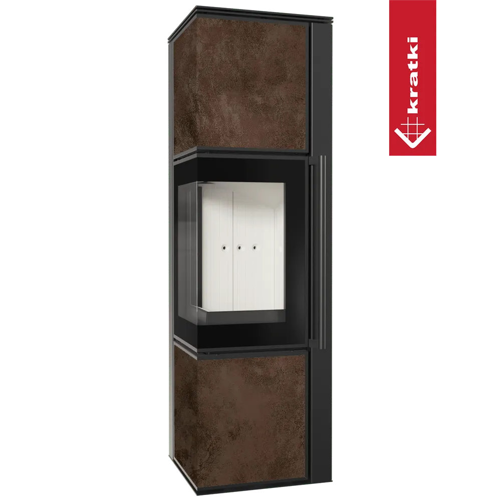 Kratki Tora M houtkachel met modern design, zwart frame en roestkleurige panelen.