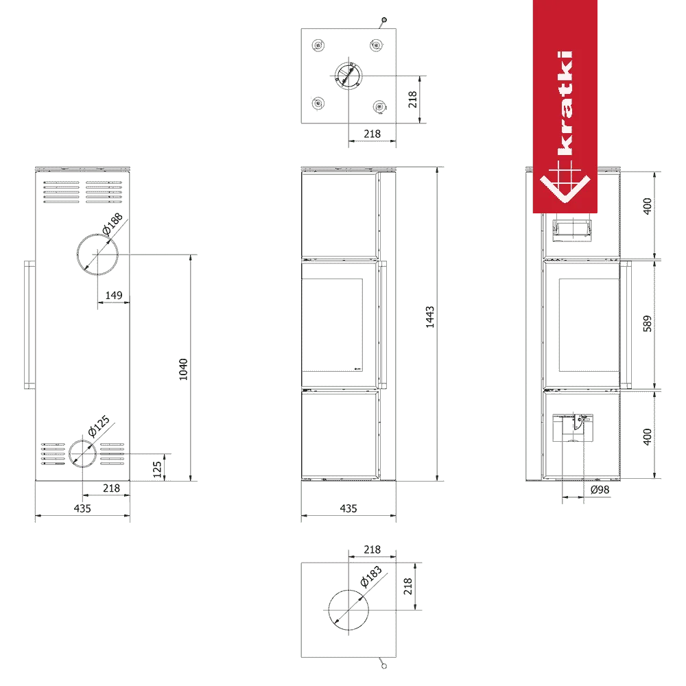 Technische tekening van Kratki Tora M houtkachel met afmetingen en aansluitpunten.