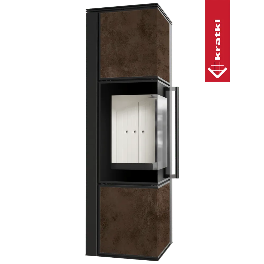 Kratki Tora M houtkachel met modern design, zwart frame en roestkleurige panelen.