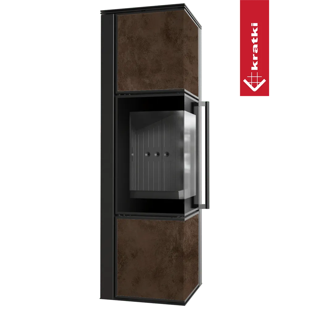 Kratki Tora M houtkachel met roestkleurige panelen en glazen deur, modern en stijlvol ontwerp.