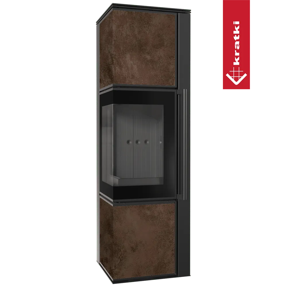 Kratki Tora M houtkachel met modern design, glazen deur en roestkleurige panelen.