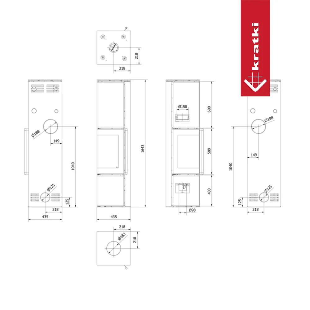 Technische tekening van Kratki Tora L houtkachel met gedetailleerde afmetingen en aansluitpunten.