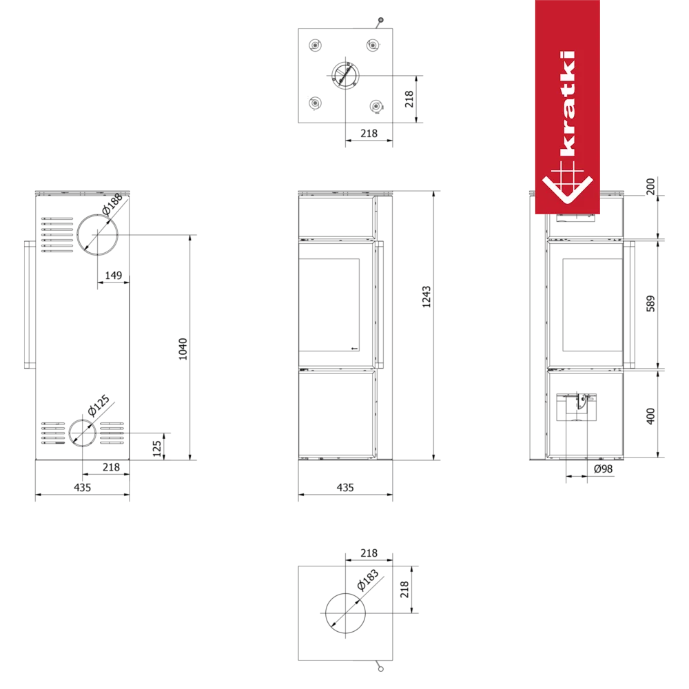 Kratki Tora S moderne houtkachel met glazen deur en strak, minimalistisch ontwerp.