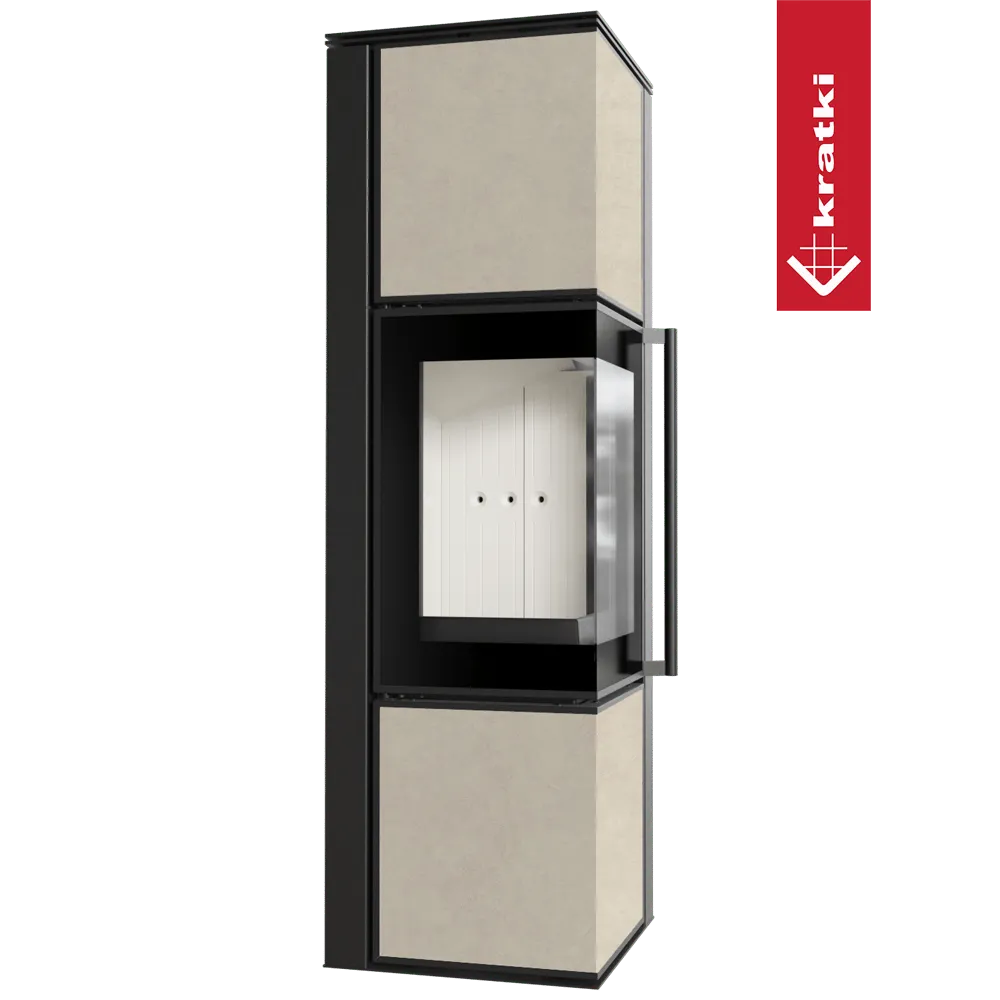 Kratki Tora M houtkachel met modern design, zwart frame en beige panelen.