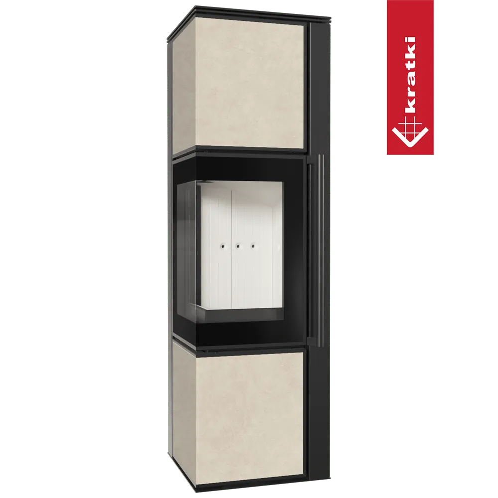 Kratki Tora M, moderne vrijstaande haard met zwart frame en beige panelen.