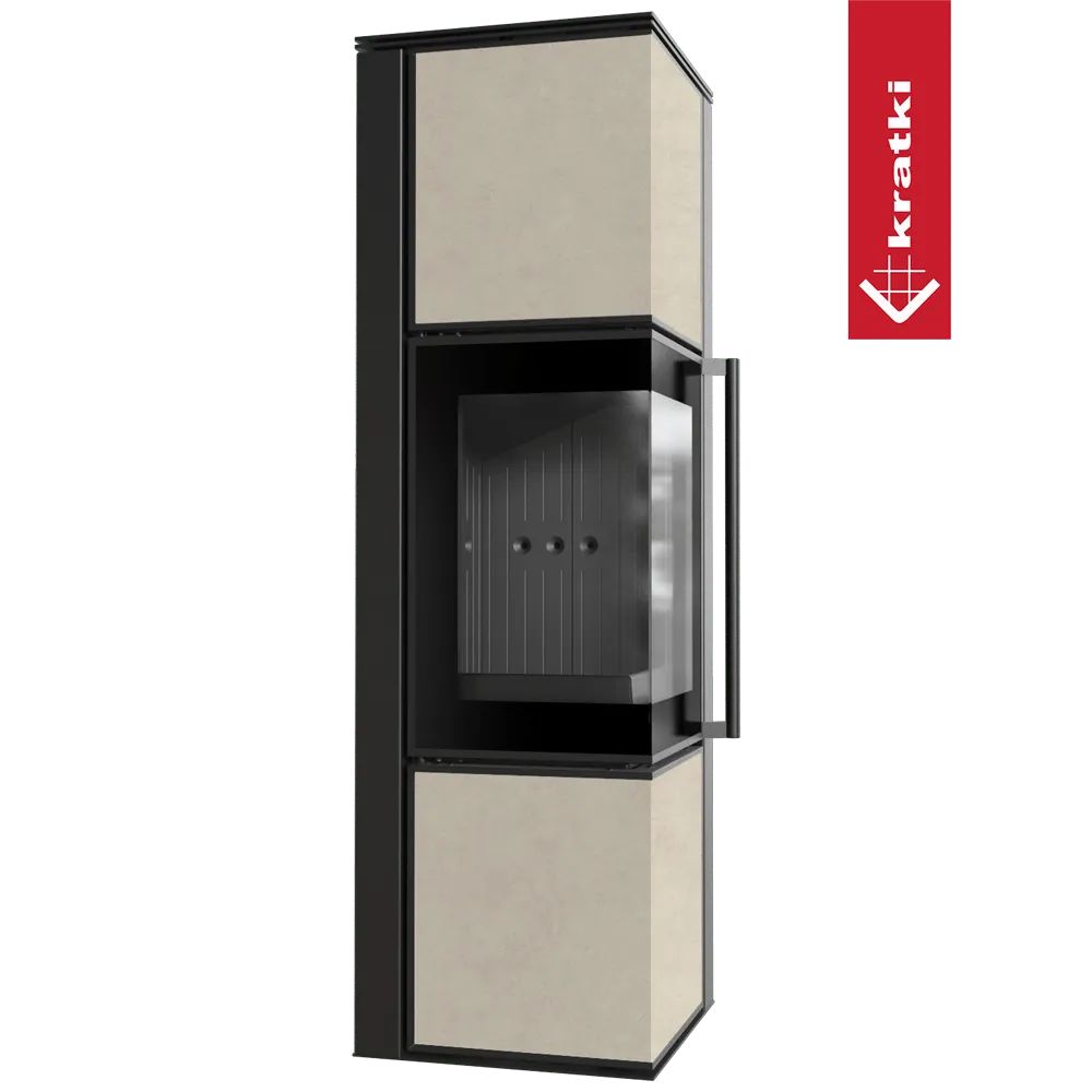 Kratki Tora M houtkachel met modern design, zwart frame en beige panelen.