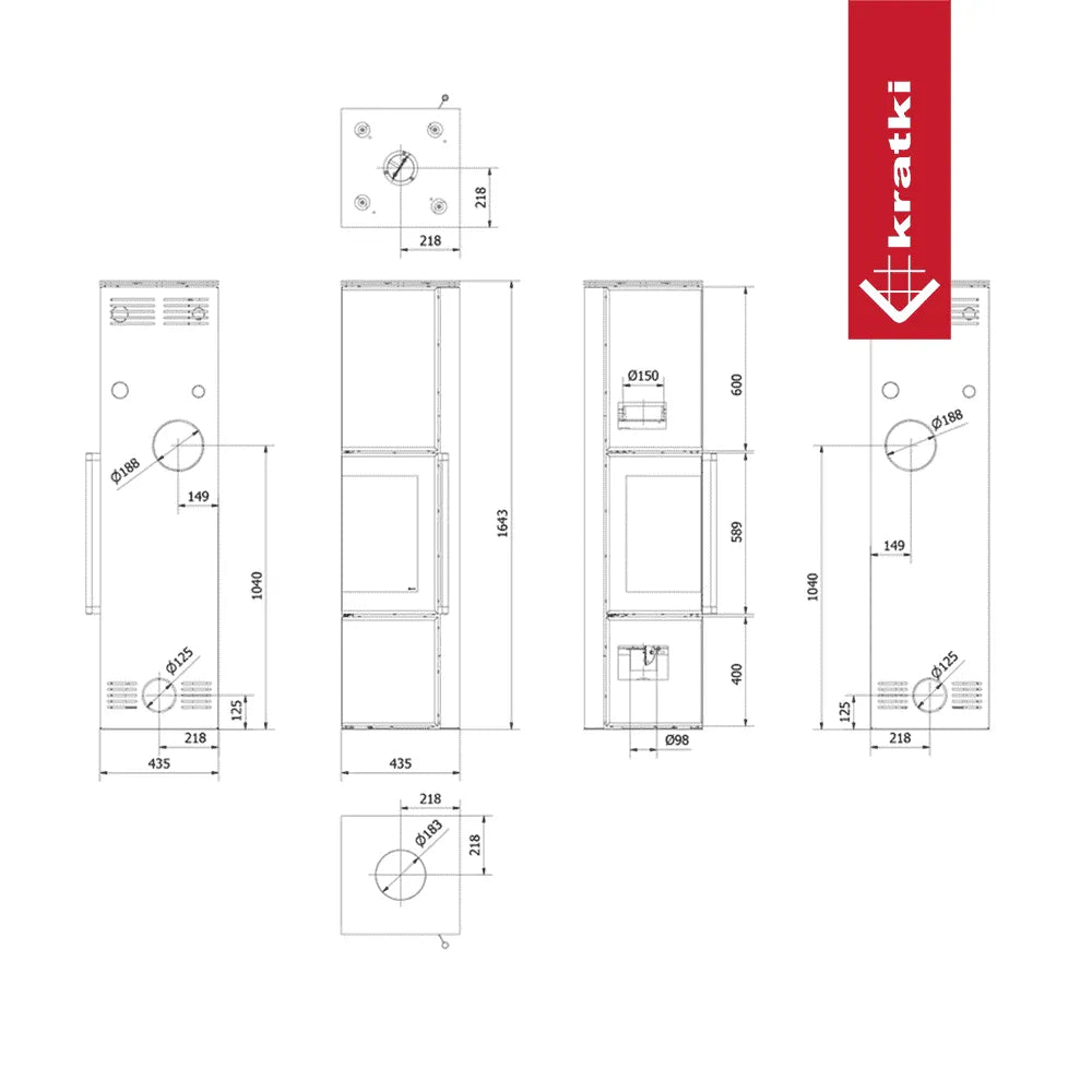 Technische tekening van Kratki Tora L houtkachel met gedetailleerde afmetingen en aansluitpunten.
