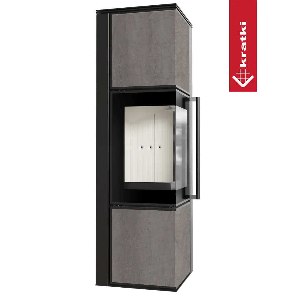Kratki Tora M houtkachel met modern design, grijze panelen en glazen deur.