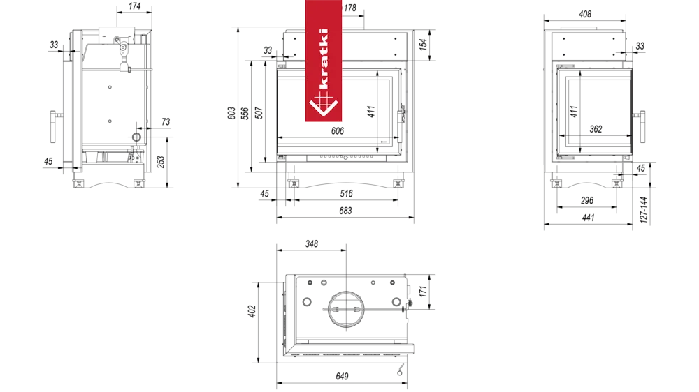 Technische tekening van Kratki Maja CV Links met gedetailleerde afmetingen en specificaties.