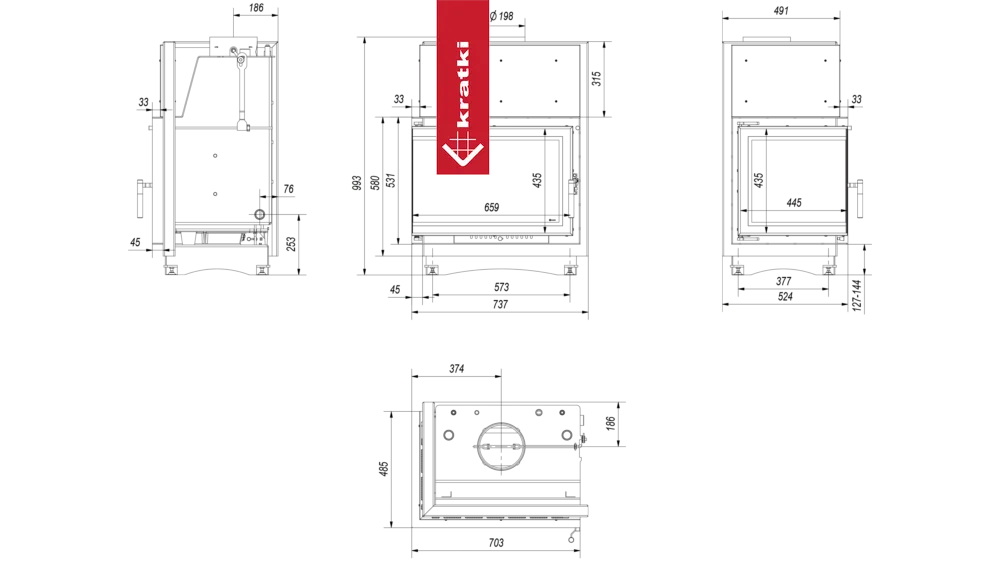 Technische tekening van Kratki Zuzia CV Links met gedetailleerde afmetingen en specificaties.