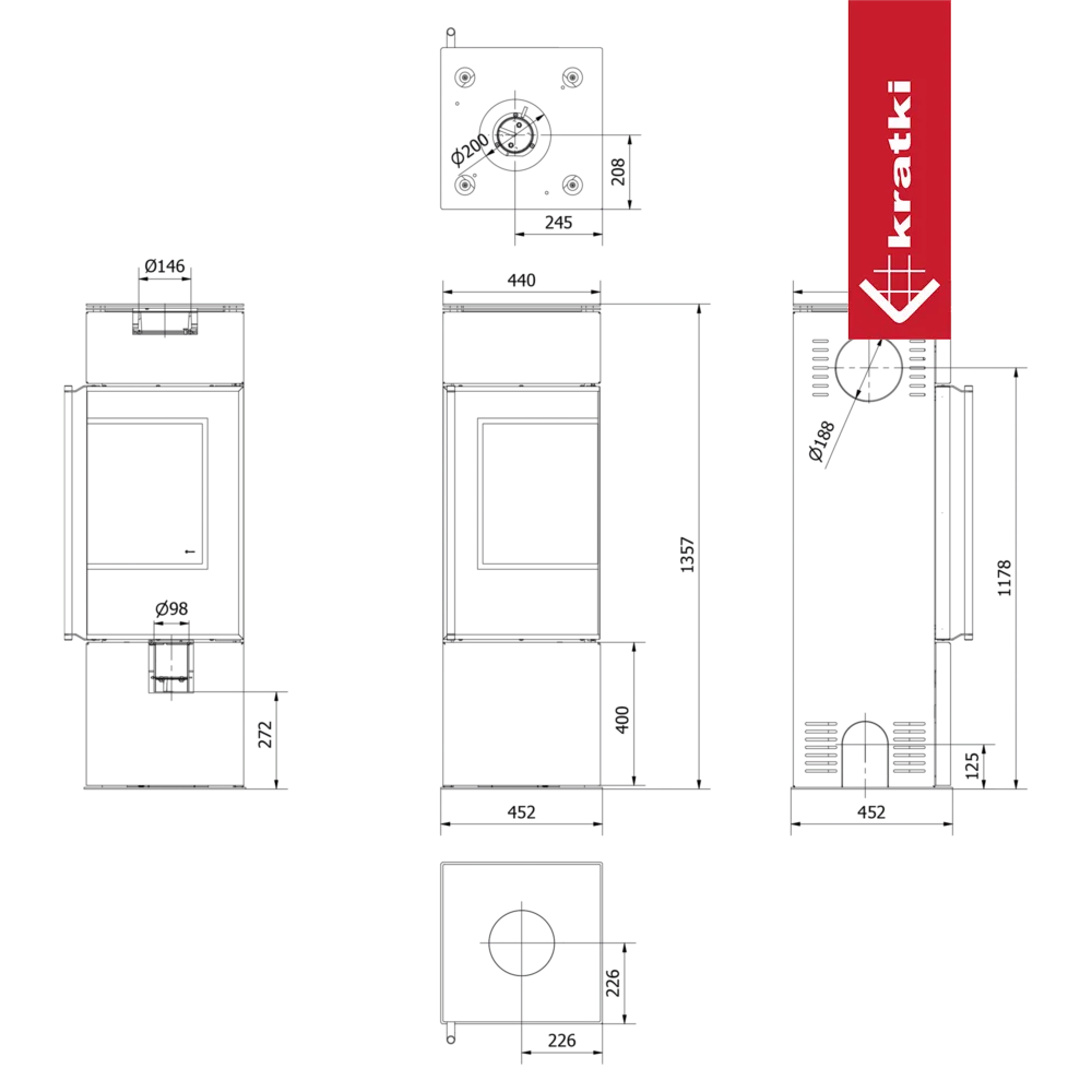 Technische tekening van de Kratki Ren P haard met afmetingen en logo.