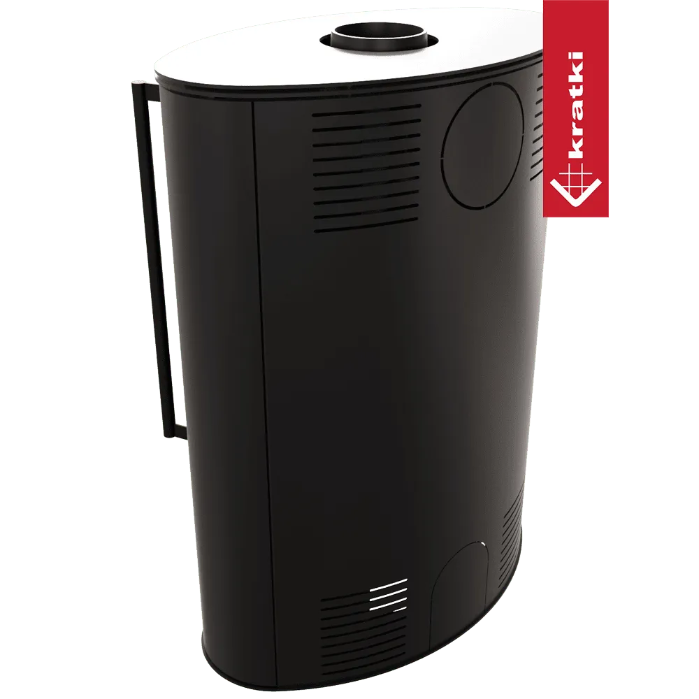 Zwarte, ovale Kratki Bjorn kachel met ventilatieopeningen en handvat aan de zijkant.