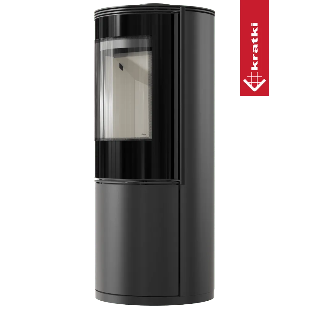 Zwarte, cilindervormige houtkachel Kratki Sven met glazen deur en strak, modern ontwerp.