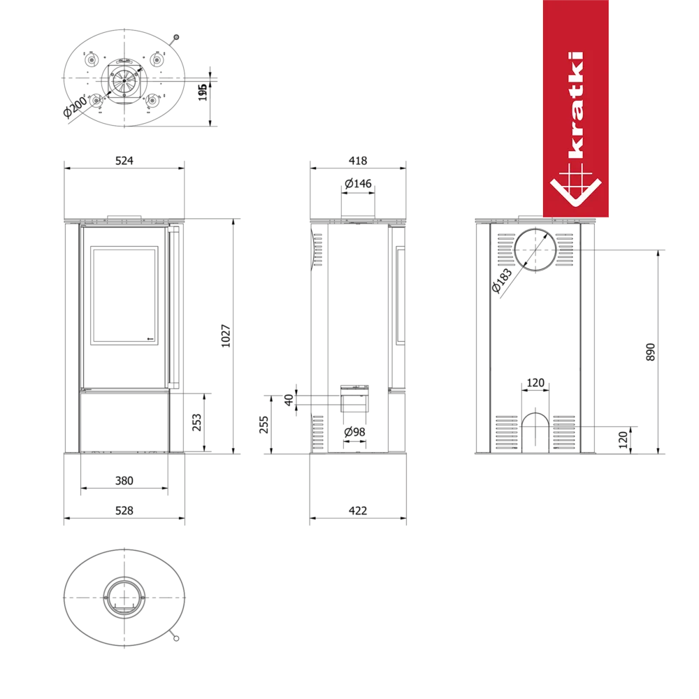Kratki Erik haard met zwart ontwerp en rood logo aan de rechterkant.