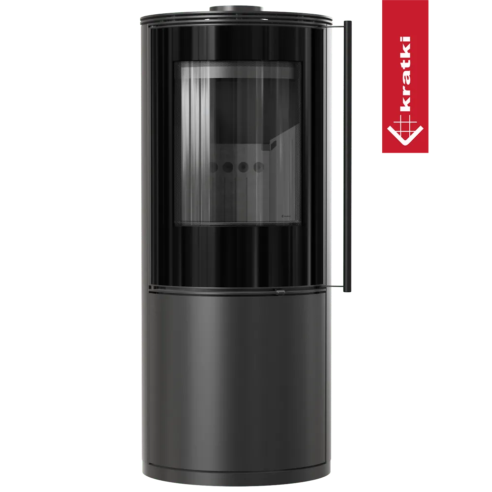 Zwarte, cilindervormige houtkachel Kratki Sven met glazen deur en strak, modern ontwerp.
