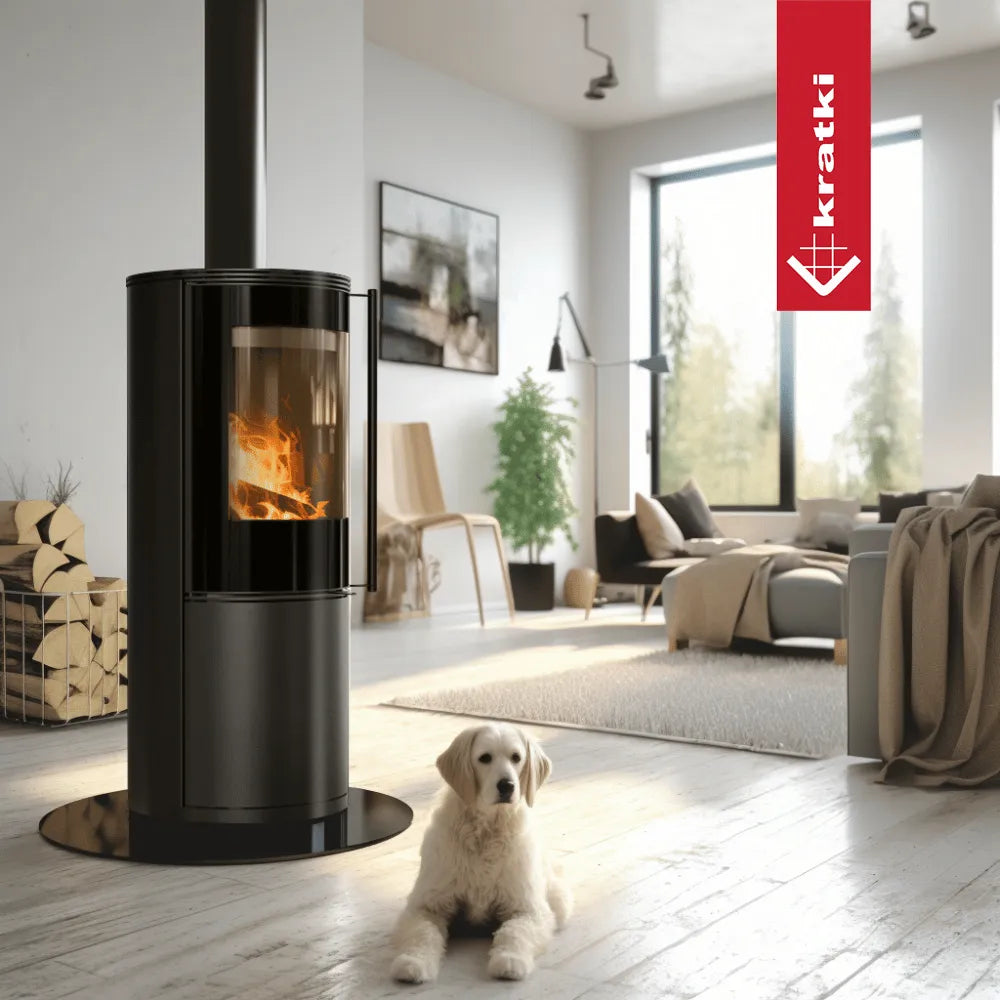 Kratki Sven houtkachel in moderne woonkamer met hond, brandhout en grote ramen.