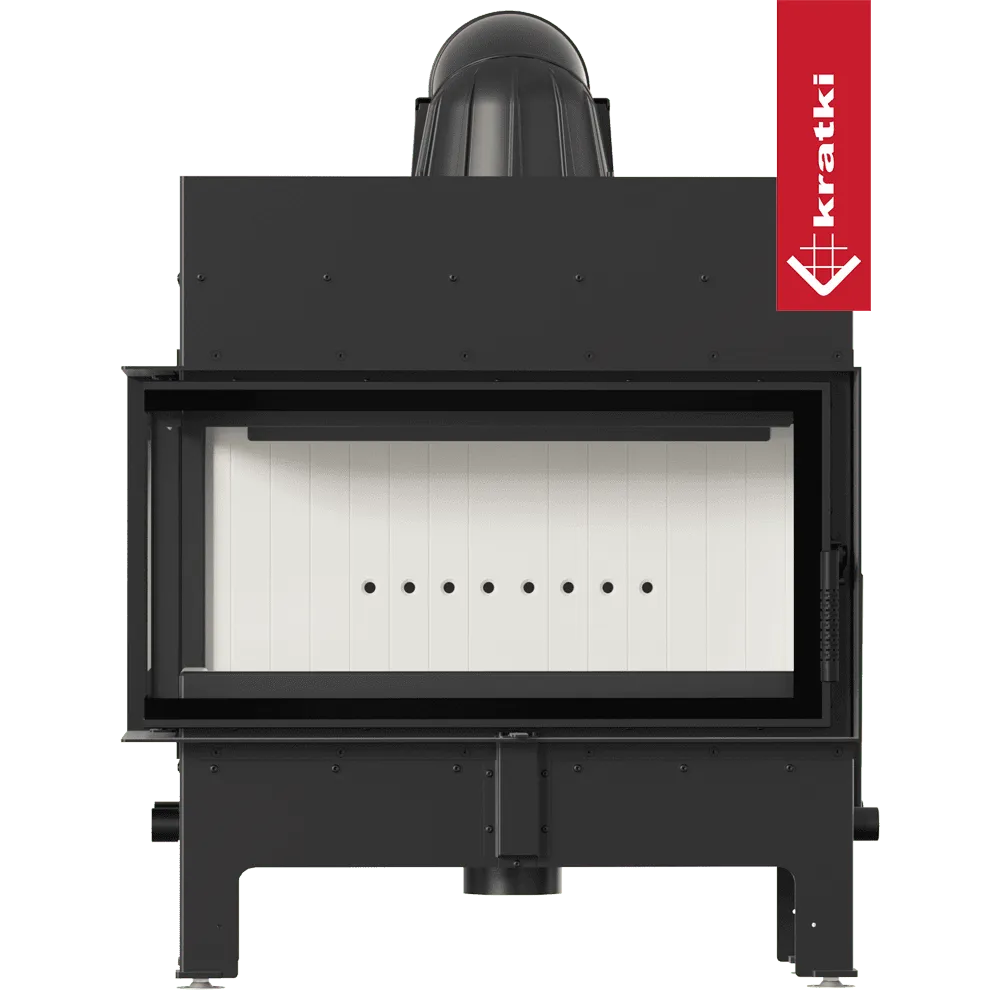 Kratki Floki L 12 kW Links, moderne zwarte houtkachel met glazen deur en witte binnenkant.