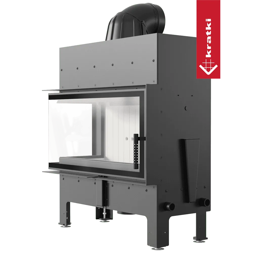 Kratki Floki L 12 kW Links, moderne inbouwhaard met glazen zijpaneel en strak ontwerp.