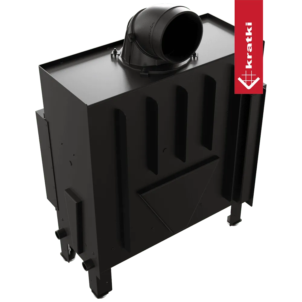 Zwarte Kratki Floki L 12 kW Links houtkachel met bovenafvoer en merklogo.