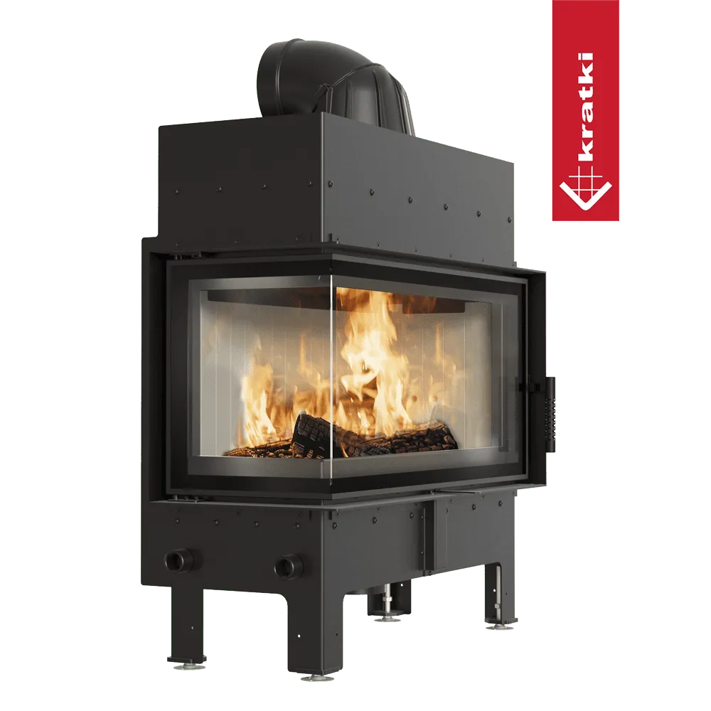 Kratki Floki L 12 kW Links, moderne hoekhaard met zichtbare vlammen en glazen panelen.