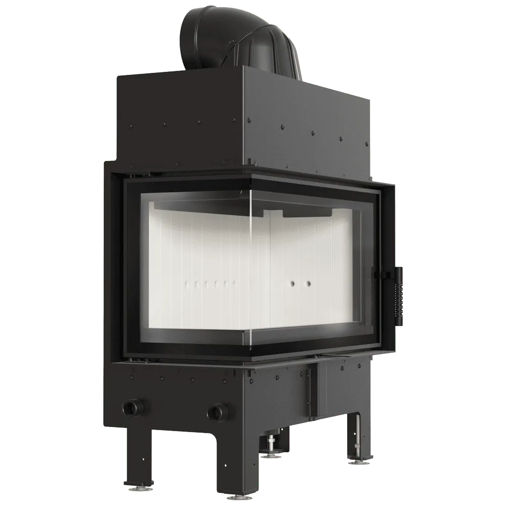Kratki Floki M 10 kW Links, moderne hoekhaard met glazen zijpaneel en zwart metalen afwerking.
