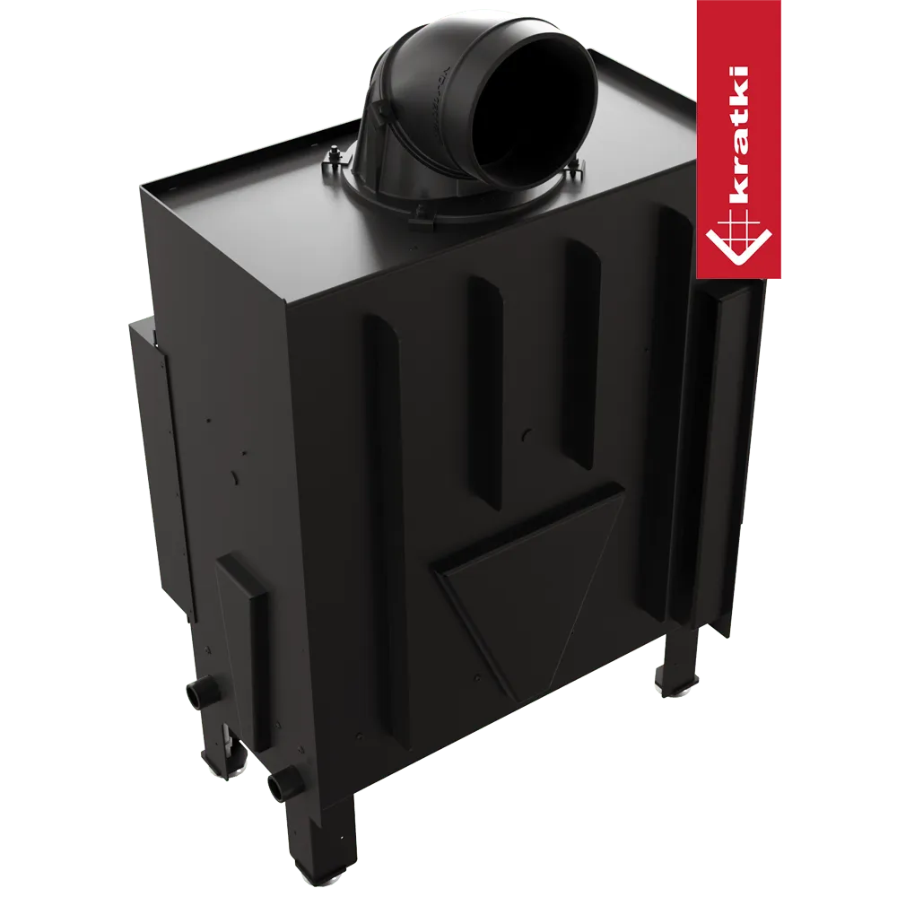 Zwarte Kratki Floki M 10 kW Links houtkachel met bovenafvoer en modern ontwerp.