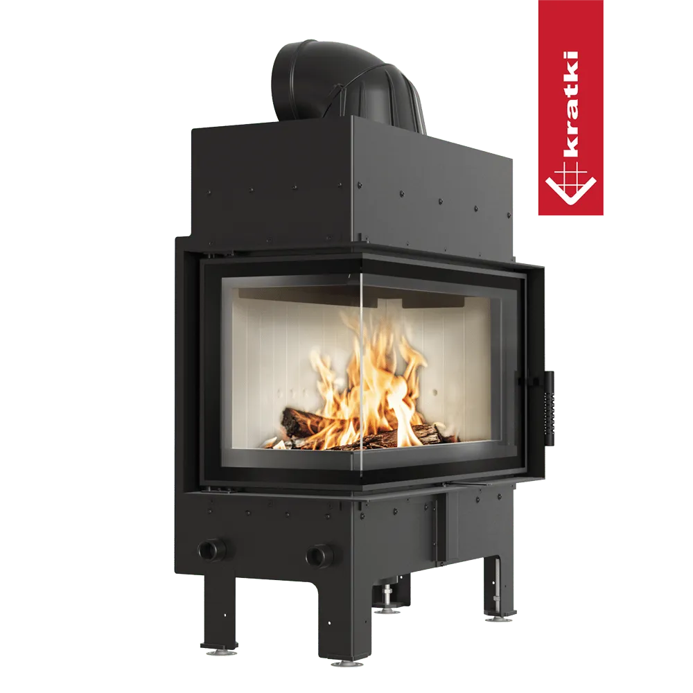 Kratki Floki M 10 kW Links, moderne hoekhaard met glazen zijpaneel en zichtbare vlammen.