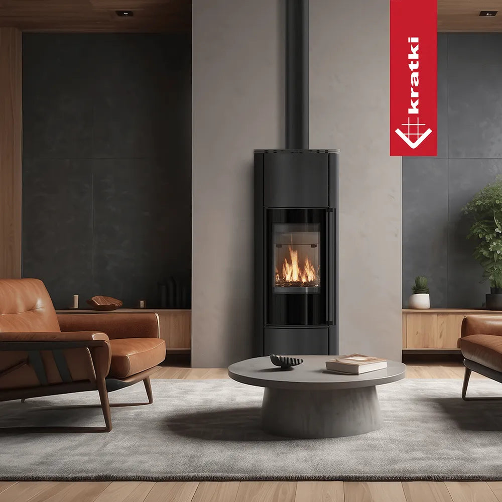 Moderne woonkamer met Kratki Erik Hoog haard, leren stoelen en ronde salontafel.