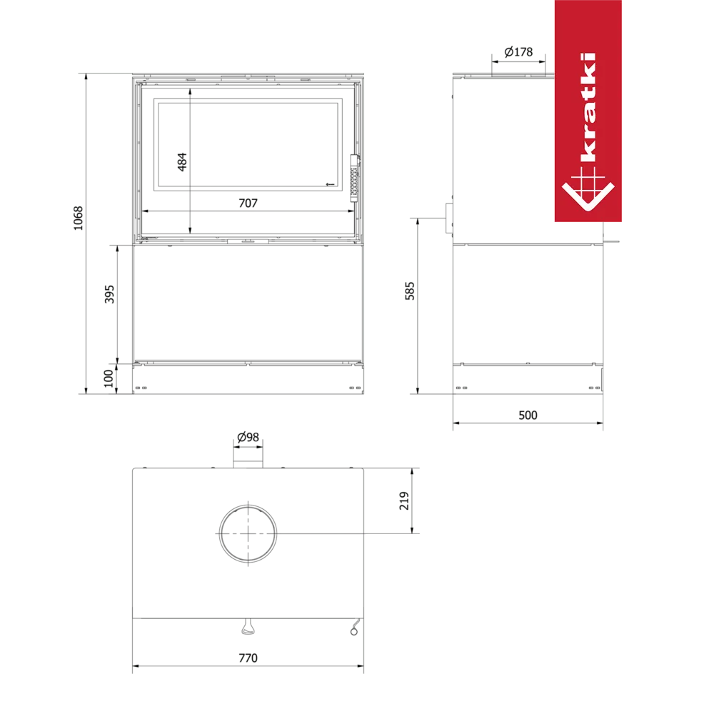 Technische tekening van de Kratki Kari 80 Breed haard met afmetingen en logo.