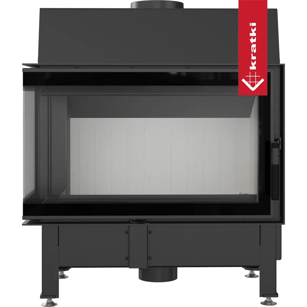Kratki Zibi Links, moderne zwarte inbouwhaard met glazen deur en wit interieur.
