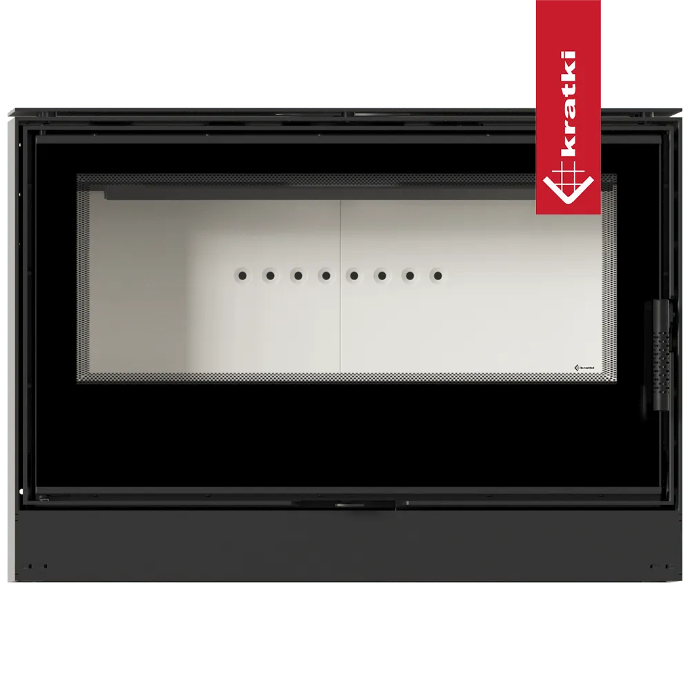 Kratki Kari 95 inbouwhaard met strak zwart frame en witte binnenkant met ventilatieopeningen.