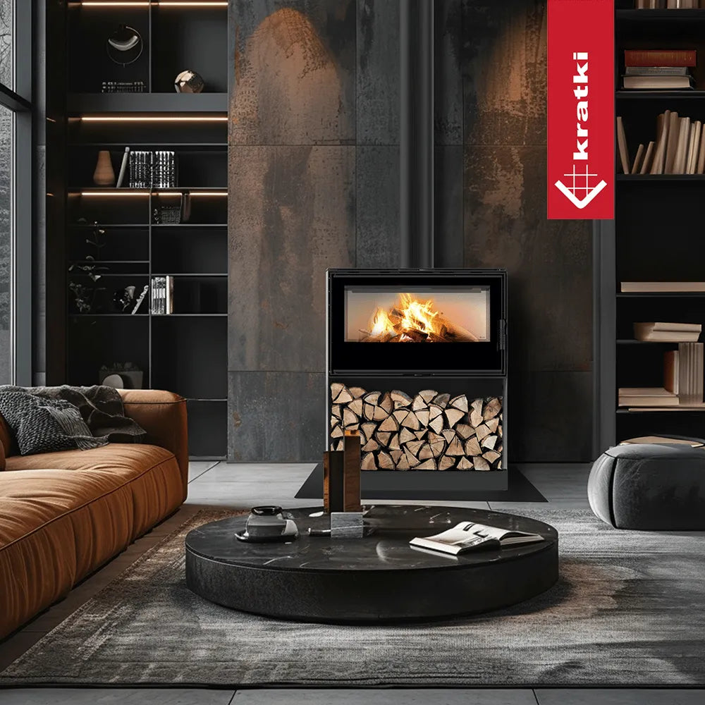 Moderne woonkamer met Kratki Kari 95 Breed houtkachel, leren bank en boekenplanken.