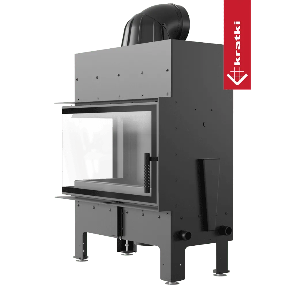 Kratki Floki M 10 kW Links, moderne zwarte houtkachel met glazen zijpaneel en stevige constructie.