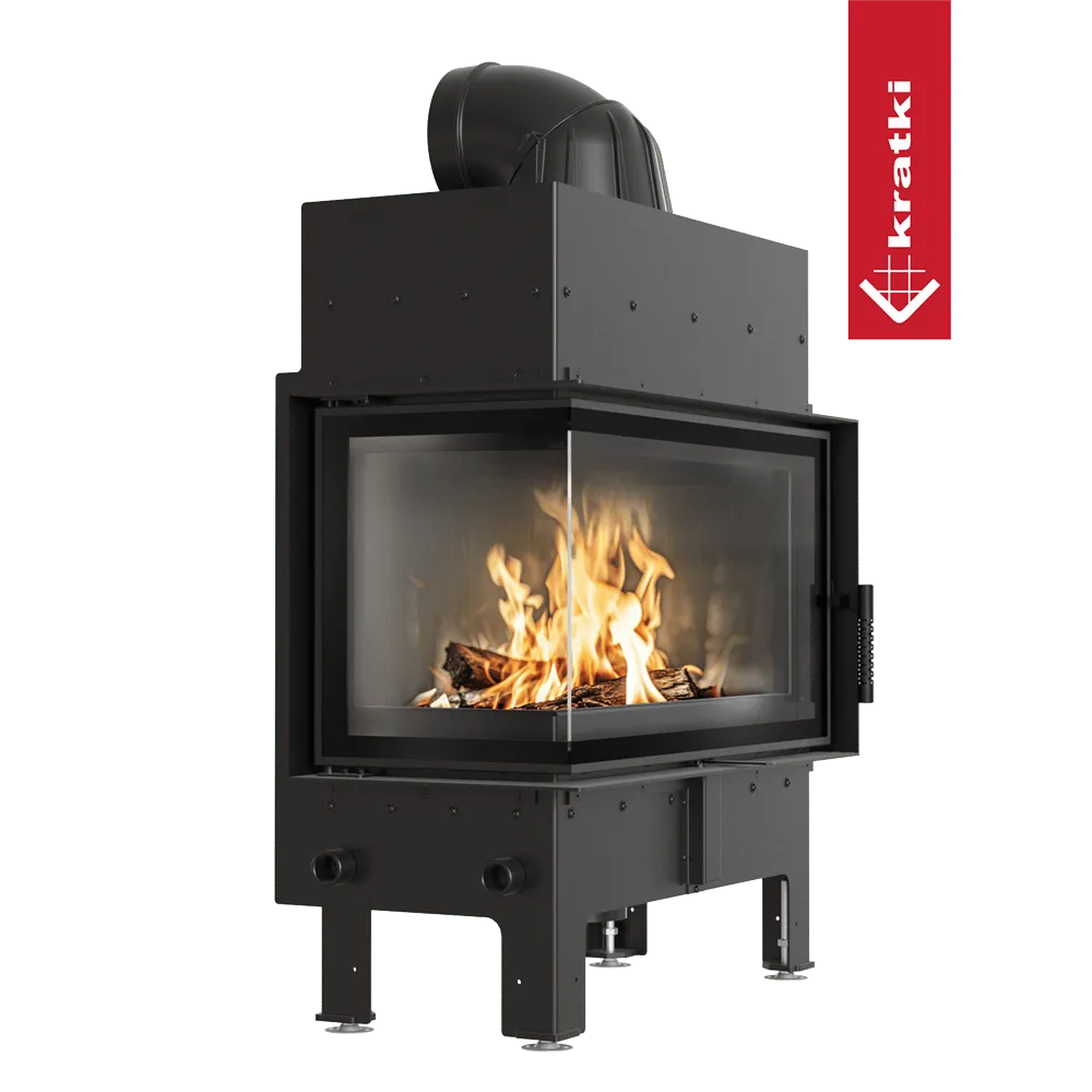 Kratki Floki M 10 kW Links, moderne houtkachel met glazen hoek en zichtbare vlammen.