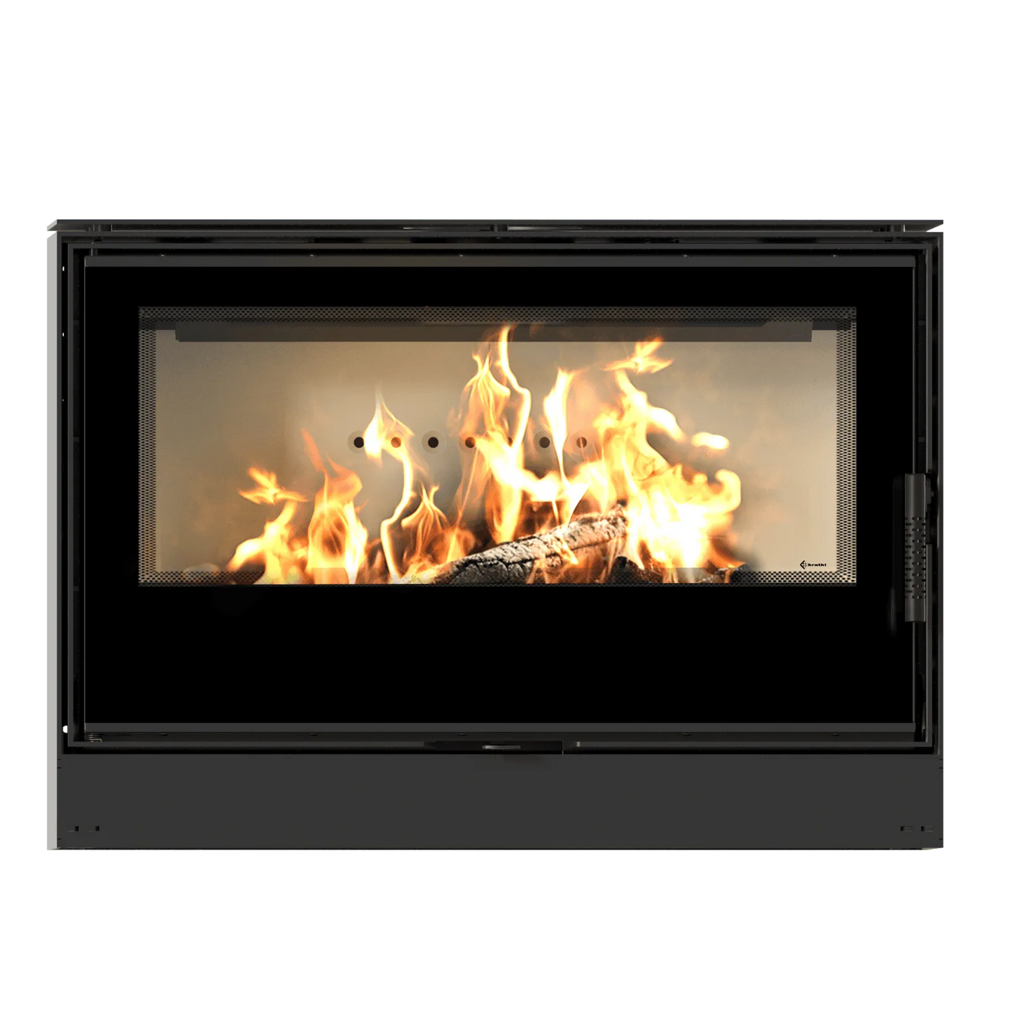 Kratki Kari 95 haard met brandend hout en levendige vlammen achter glazen deur.