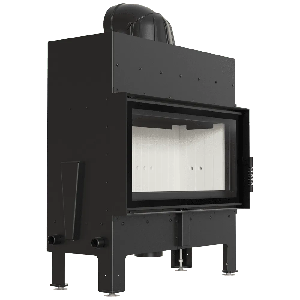 Zwarte Kratki Floki L 12 kW houtkachel met glazen deur en witte binnenkant.