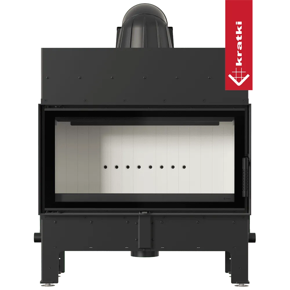 Kratki Floki L 12 kW houtkachel met strak, modern ontwerp en groot glazen venster.