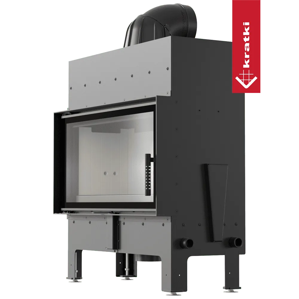 Kratki Floki L 12 kW houtkachel met glazen deur en robuuste metalen constructie.