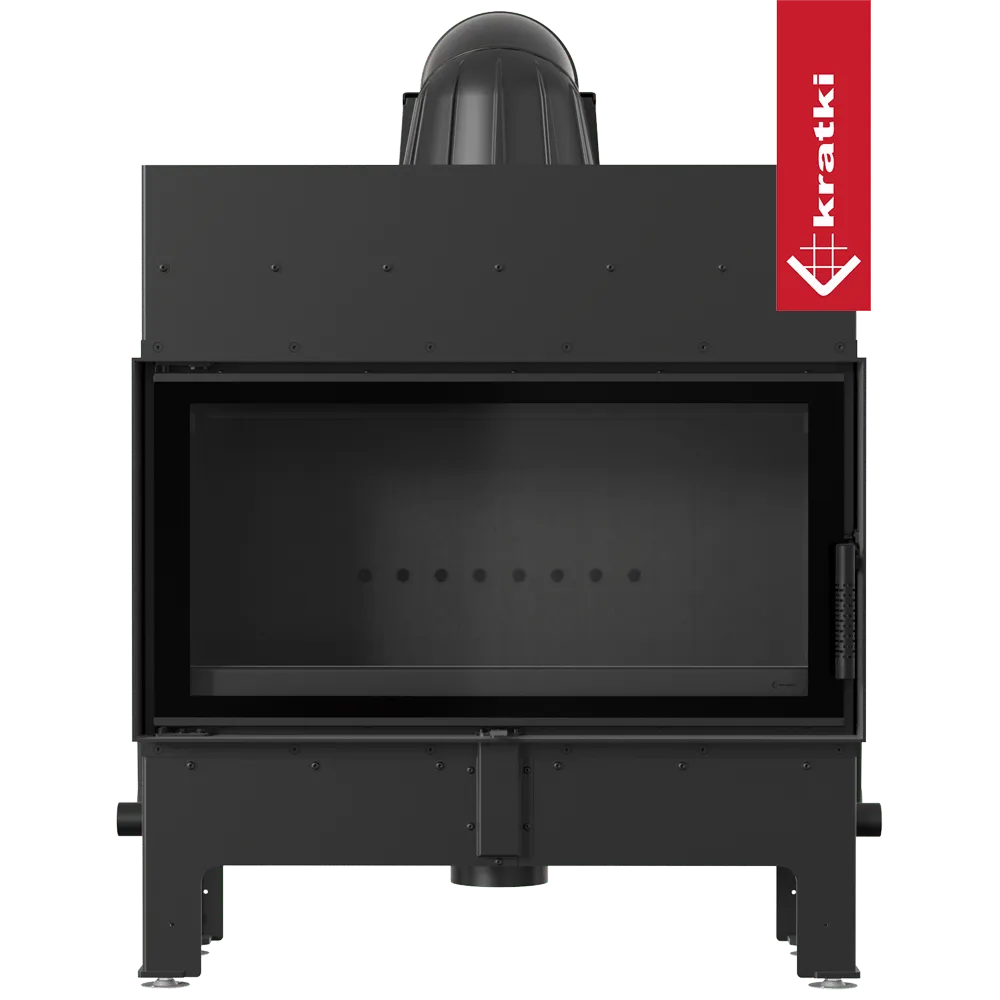 Kratki Floki L 12 kW houtkachel met groot glazen venster en strak, modern ontwerp.