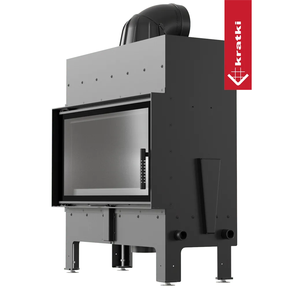 Kratki Floki L 12 kW houtkachel met glazen deur en robuuste metalen constructie.