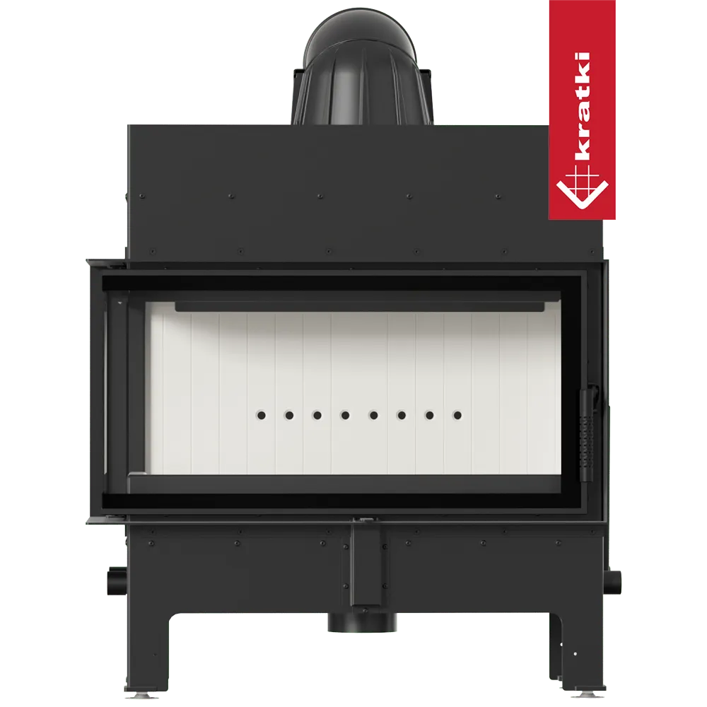 Kratki Floki L 12 kW Links, moderne zwarte houtkachel met glazen deur en witte binnenkant.