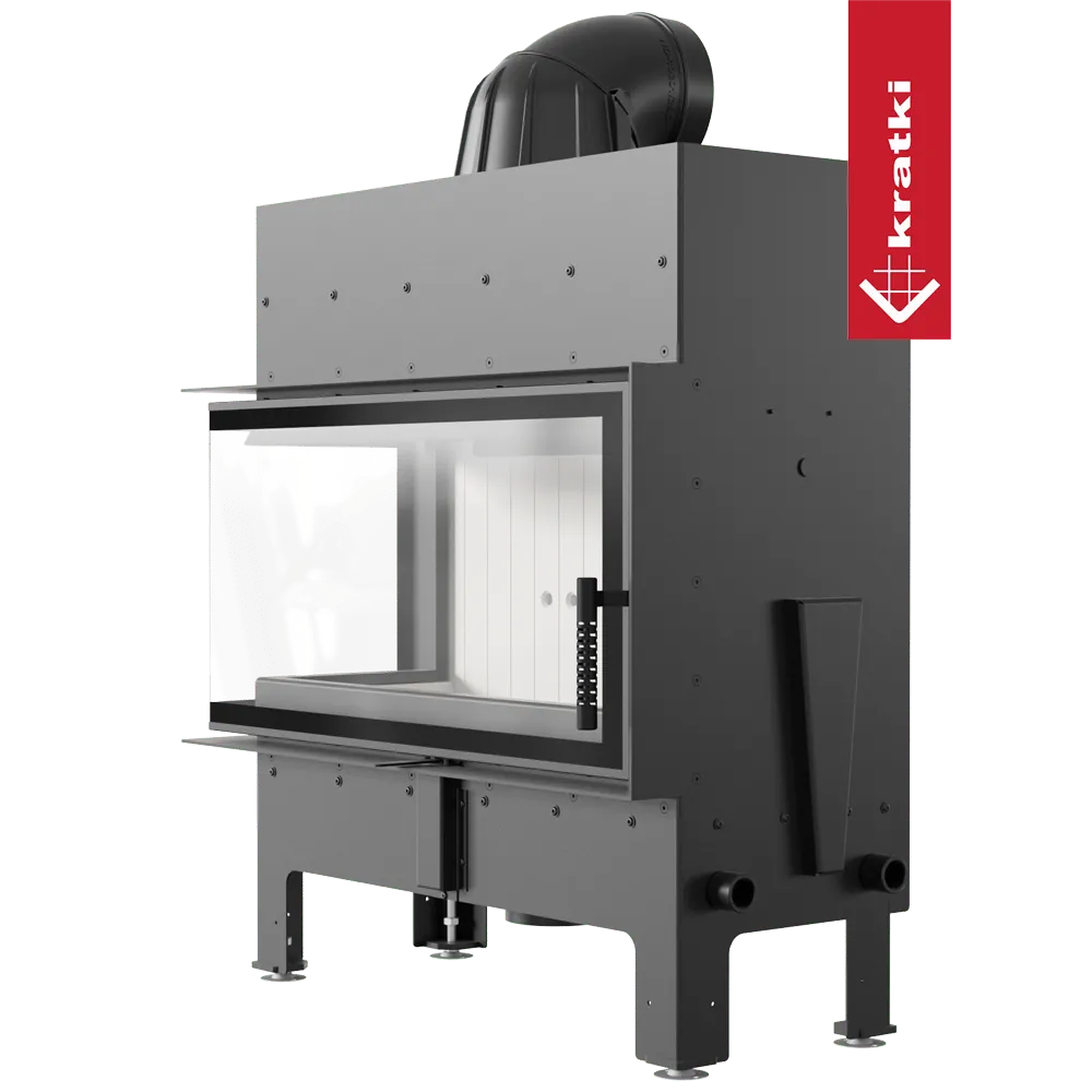Kratki Floki L 12 kW Links, moderne inbouwhaard met glazen zijpaneel en robuuste constructie.