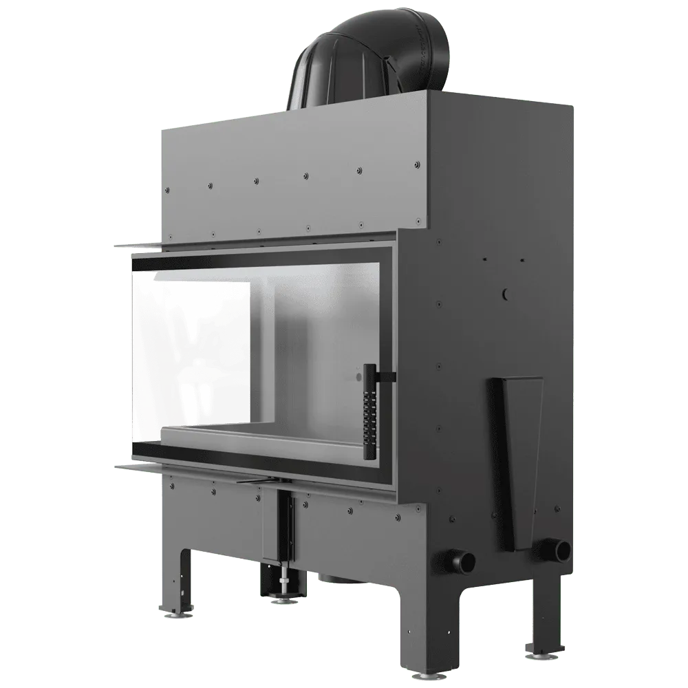 Kratki Floki L 12 kW Links, moderne inbouwhaard met glazen deur en metalen behuizing.